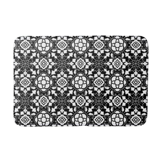 Floral Moroccan Tile, Black and White Badmat (Voorkant)