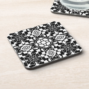 Floral Moroccan Tile, Black and White Bier Onderzetter