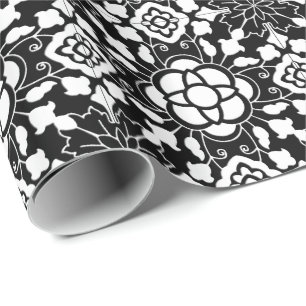 Floral Moroccan Tile, Black and White Cadeaupapier