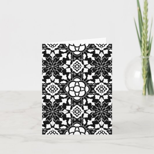 Floral Moroccan Tile, Black and White Feestdagen Kaart (Voorkant)