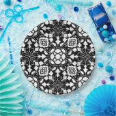 Floral Moroccan Tile, Black and White Papieren Bordje (Feest)