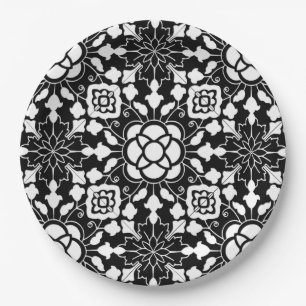 Floral Moroccan Tile, Black and White Papieren Bordje