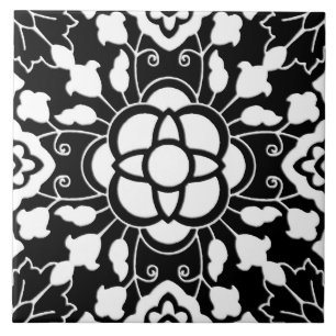 Floral Moroccan Tile, Black and White Tegeltje