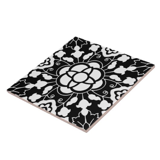 Floral Moroccan Tile, Black and White Tegeltje (Zijkant)