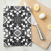 Floral Moroccan Tile, Black and White Theedoek (Quarter Fold)