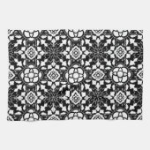 Floral Moroccan Tile, Black and White Theedoek (Horizontaal)