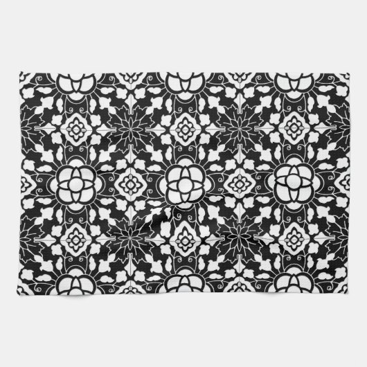 Floral Moroccan Tile, Black and White Theedoek (Horizontaal)