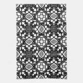 Floral Moroccan Tile, Black and White Theedoek (Verticaal)