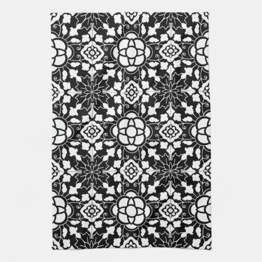 Floral Moroccan Tile, Black and White Theedoek (Verticaal)