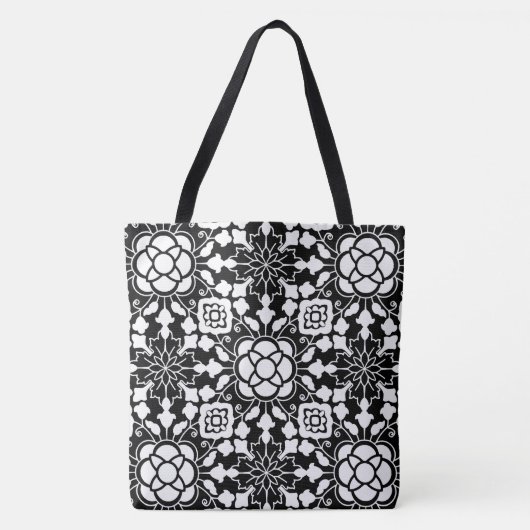 Floral Moroccan Tile, Black and White Tote Bag (Voorkant)