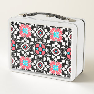 Floral Moroccan Tile, Black, White en Coral Pink