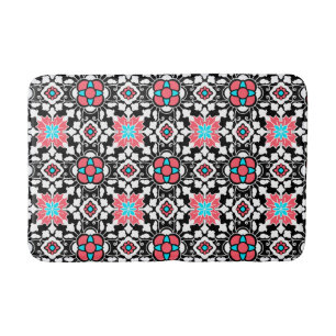 Floral Moroccan Tile, Black, White en Coral Pink Badmat