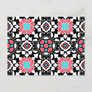 Floral Moroccan Tile, Black, White en Coral Pink Briefkaart