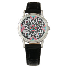 Floral Moroccan Tile, Black, White en Coral Pink Horloge