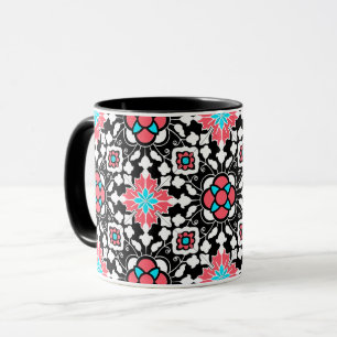 Floral Moroccan Tile, Black, White en Coral Pink Mok
