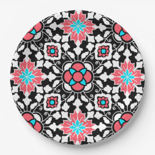 Floral Moroccan Tile, Black, White en Coral Pink Papieren Bordje