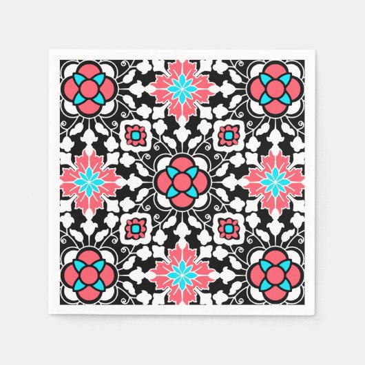 Floral Moroccan Tile, Black, White en Coral Pink Servet (Voorkant)