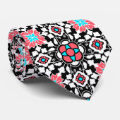 Floral Moroccan Tile, Black, White en Coral Pink Stropdas (Opgerold)