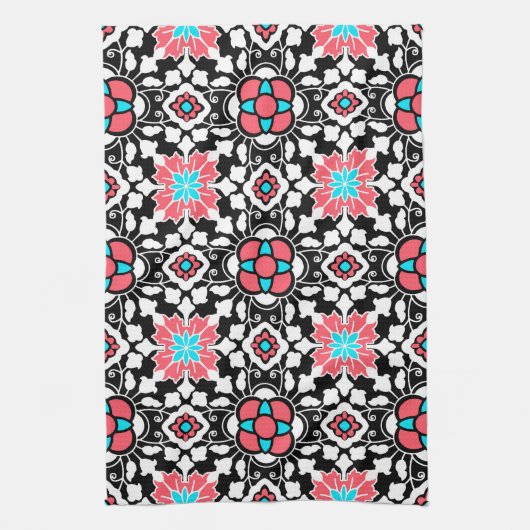 Floral Moroccan Tile, Black, White en Coral Pink Theedoek (Verticaal)