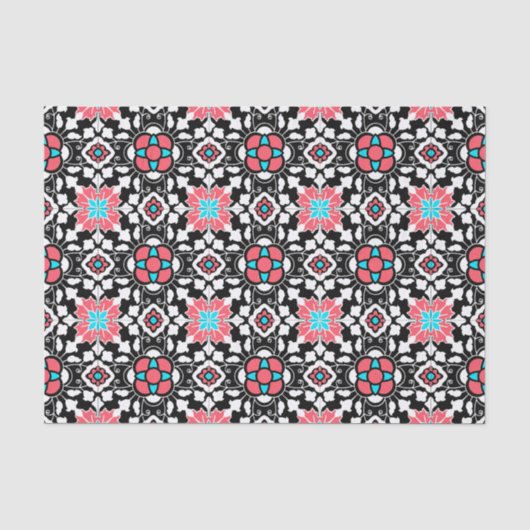 Floral Moroccan Tile, Black, White en Coral Pink Tissuepapier (Voorkant)