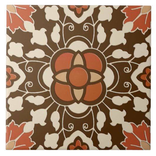 Floral Moroccan Tile, Brown, Rust en Beige Tegeltje (Voorkant)
