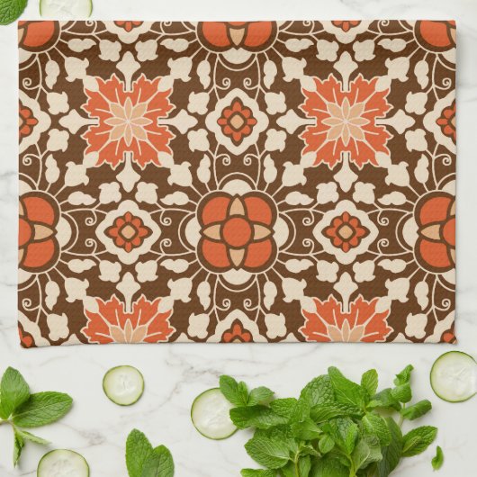 Floral Moroccan Tile, Brown, Rust en Beige Theedoek (Gevouwen)
