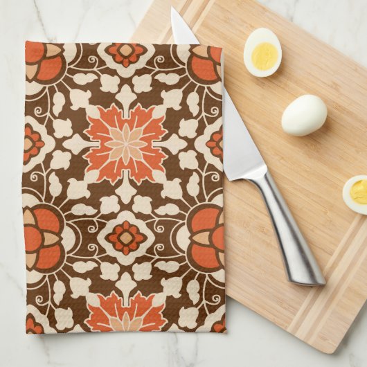 Floral Moroccan Tile, Brown, Rust en Beige Theedoek (Quarter Fold)