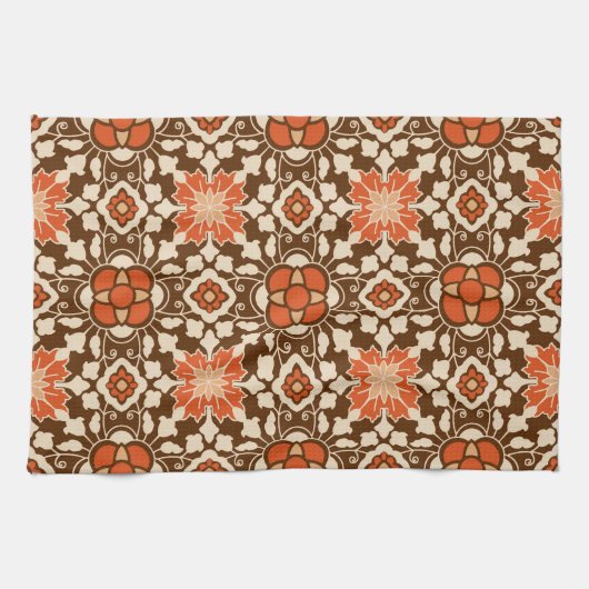 Floral Moroccan Tile, Brown, Rust en Beige Theedoek (Horizontaal)