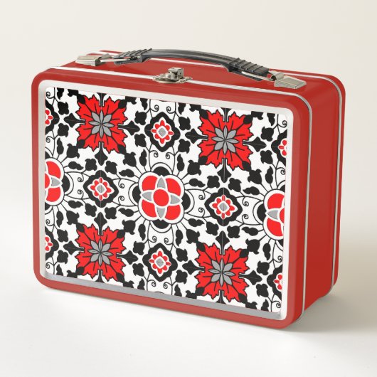 Floral Moroccan Tile, Deep Red, Black and White (Voorkant)