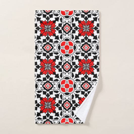 Floral Moroccan Tile, Deep Red, Black and White Bad Handdoek (Handdoek)