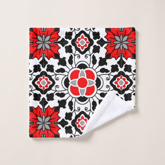 Floral Moroccan Tile, Deep Red, Black and White Bad Handdoek (Wasdoekje)