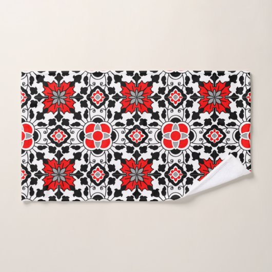 Floral Moroccan Tile, Deep Red, Black and White Bad Handdoek (Handdoek)