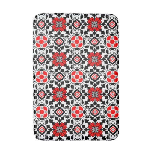 Floral Moroccan Tile, Deep Red, Black and White Badmat (Voorkant Verticaal)