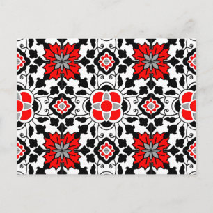 Floral Moroccan Tile, Deep Red, Black and White Briefkaart