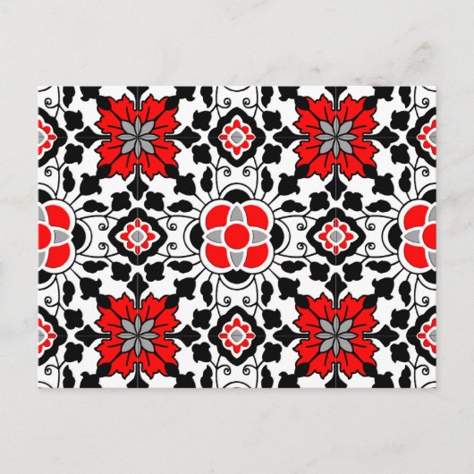 Floral Moroccan Tile, Deep Red, Black and White Briefkaart (Voorkant)