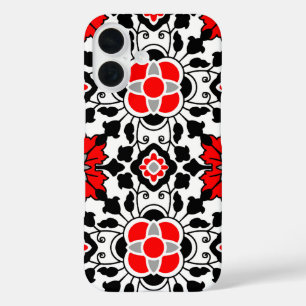 Floral Moroccan Tile, Deep Red, Black and White iPhone 16 Hoesje
