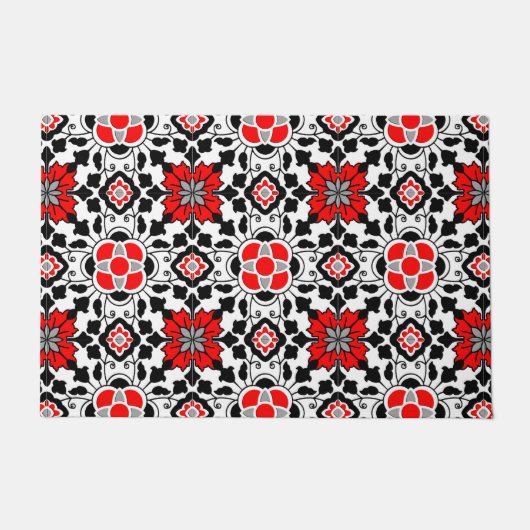 Floral Moroccan Tile, Deep Red, Black and White Deurmat (Voorkant)