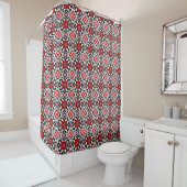 Floral Moroccan Tile, Deep Red, Black and White Douchegordijn (In situ)