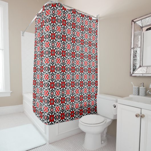 Floral Moroccan Tile, Deep Red, Black and White Douchegordijn (In situ)