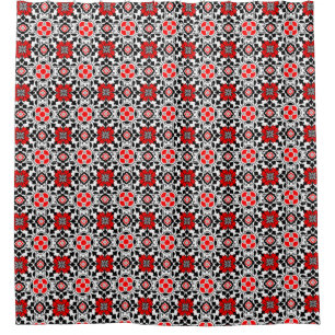 Floral Moroccan Tile, Deep Red, Black and White Douchegordijn