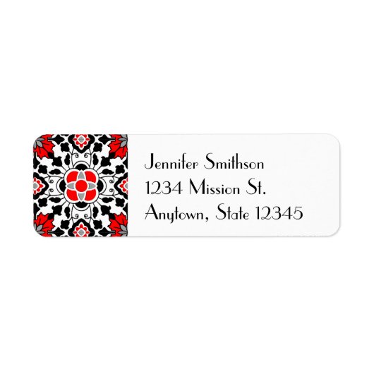 Floral Moroccan Tile, Deep Red, Black and White Etiket (Voorkant)