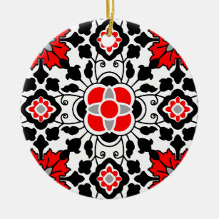 Floral Moroccan Tile, Deep Red, Black and White Keramisch Ornament