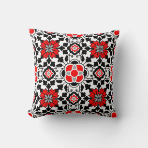 Floral Moroccan Tile, Deep Red, Black and White Kussen