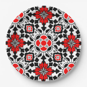 Floral Moroccan Tile, Deep Red, Black and White Papieren Bordje