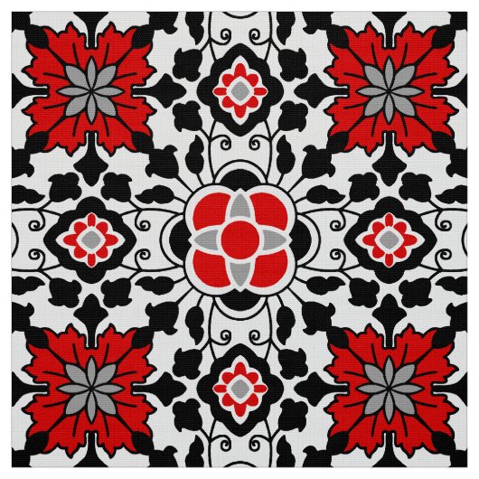 Floral Moroccan Tile, Deep Red, Black and White Stof (Swatch)