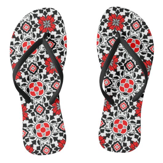 Floral Moroccan Tile, Deep Red, Black and White Teenslippers (Voetbed)