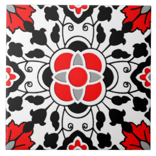 Floral Moroccan Tile, Deep Red, Black and White Tegeltje