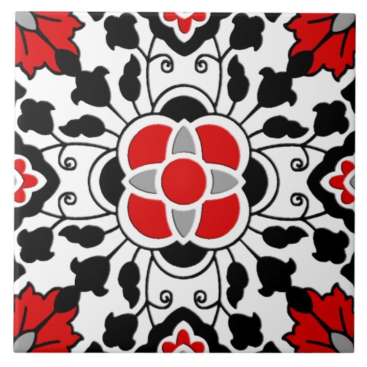 Floral Moroccan Tile, Deep Red, Black and White Tegeltje (Voorkant)
