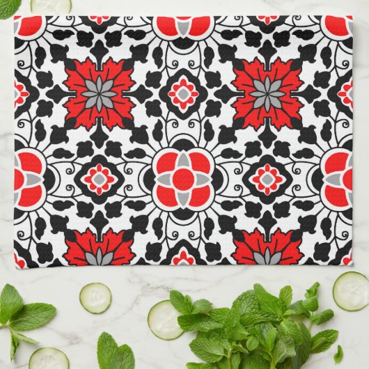 Floral Moroccan Tile, Deep Red, Black and White Theedoek (Gevouwen)
