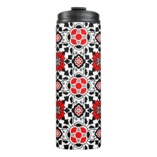 Floral Moroccan Tile, Deep Red, Black and White Thermosbeker